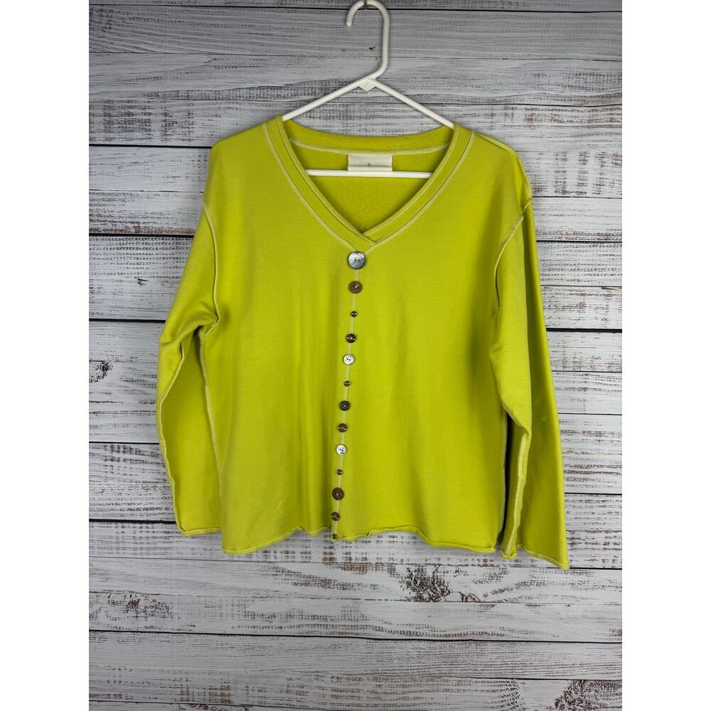 Neon Buddha Green Sweatshirt Medium Chartreuse Soft Buttons Lagenlook Boho